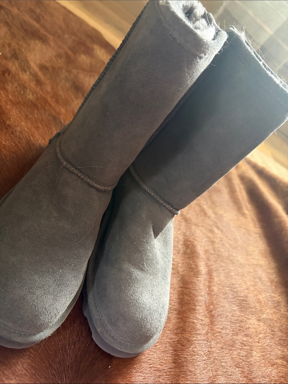 BearPaw Women's Gray Suede Mid-Calf Shearling Boots